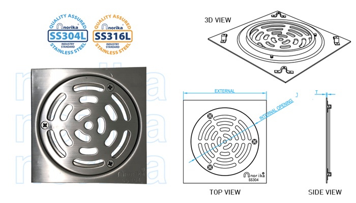 Stainless Steel Square Grating <br>(With 3 Pins Round Cover) 304L/316L